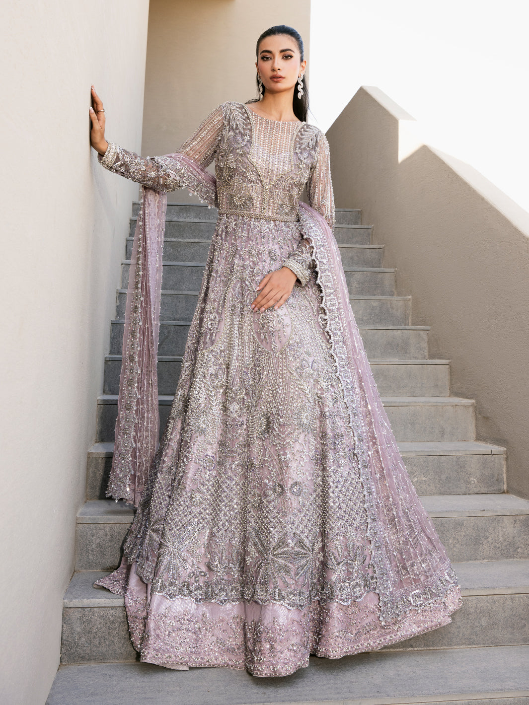 Pakistani Lilac Silver Embroidered Net Pishwas Dress (3-Piece) - Image 4
