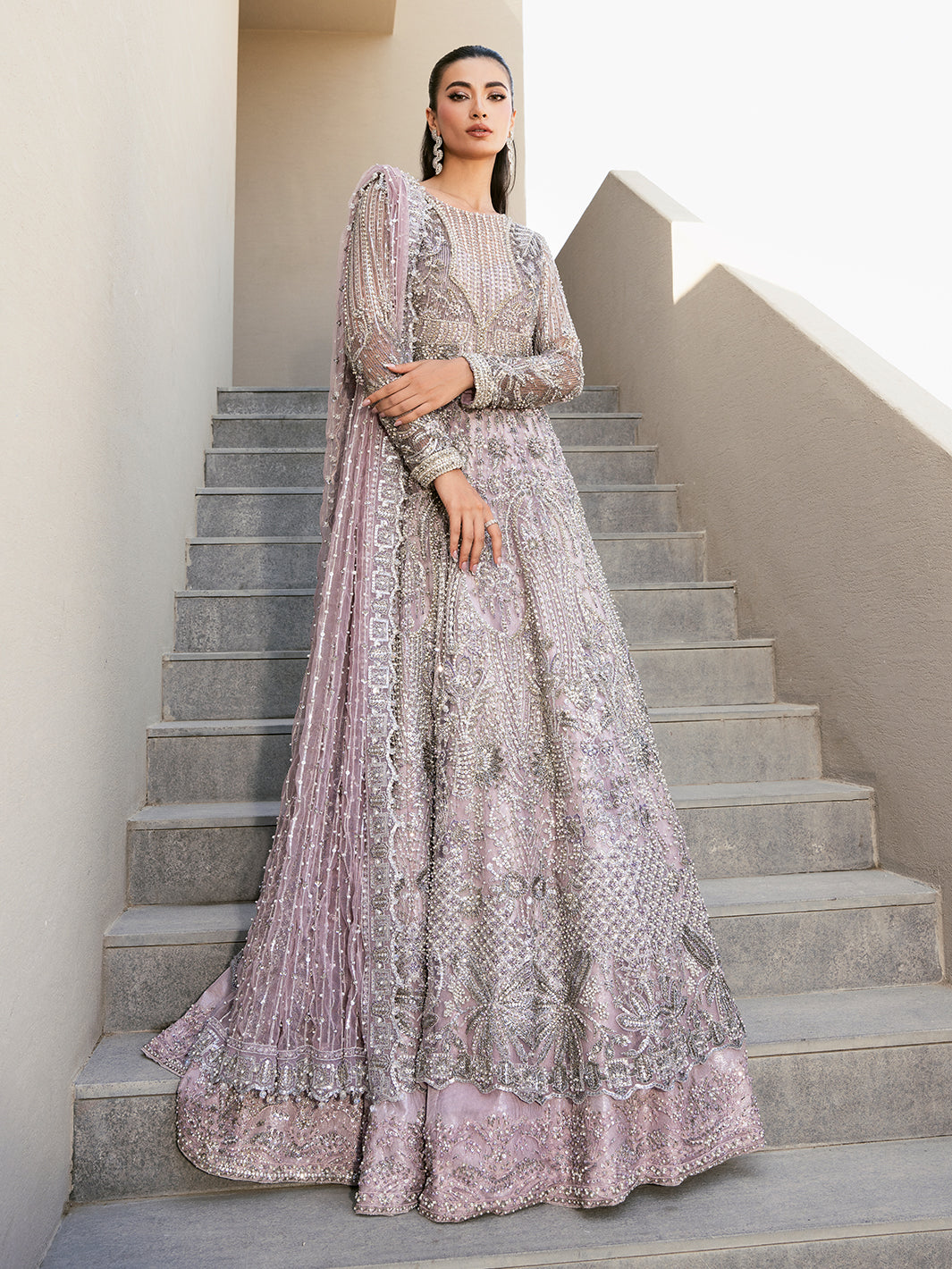 Pakistani Lilac Silver Embroidered Net Pishwas Dress (3-Piece) - Image 5