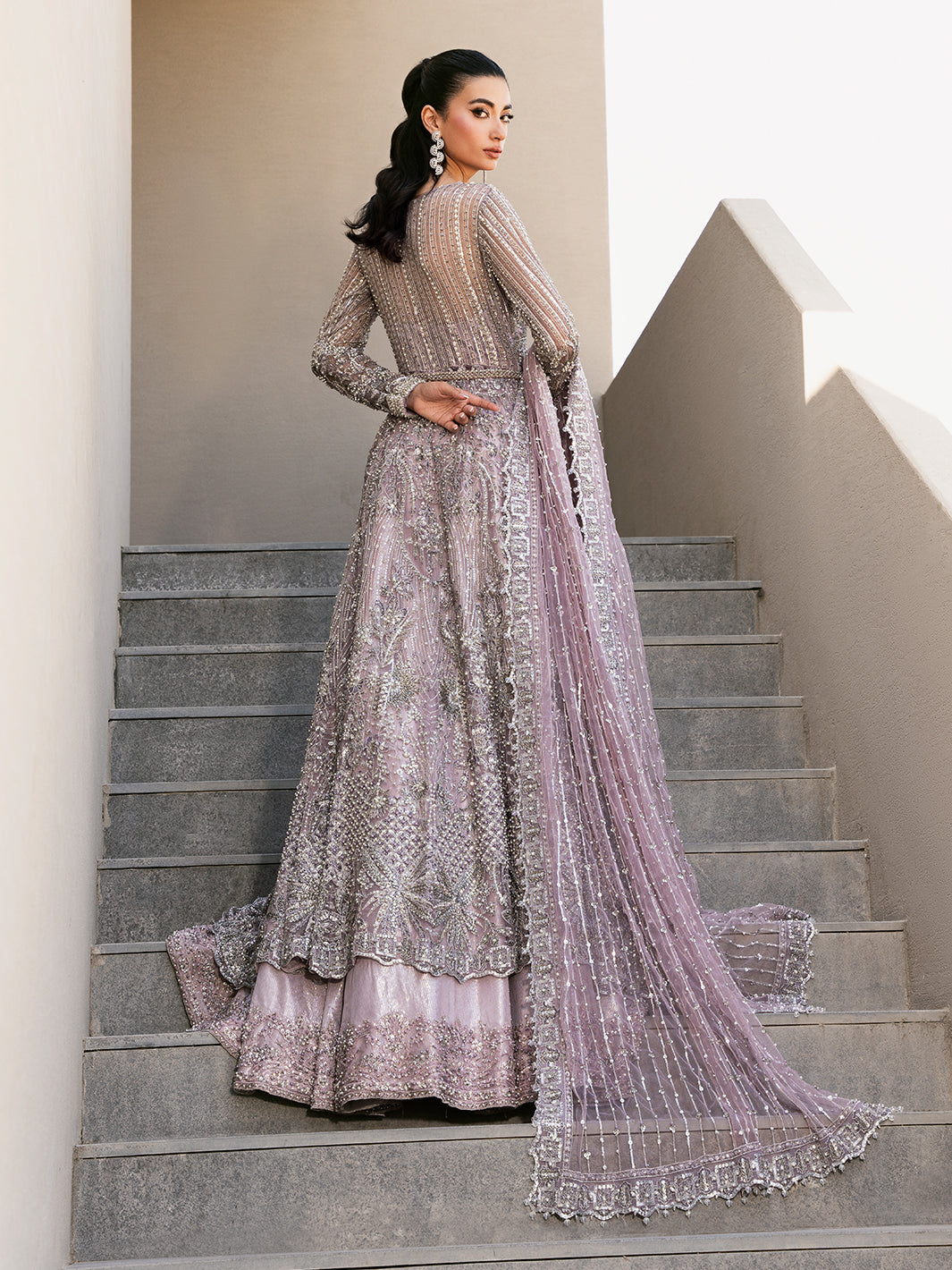 Pakistani Lilac Silver Embroidered Net Pishwas Dress (3-Piece) - Image 6