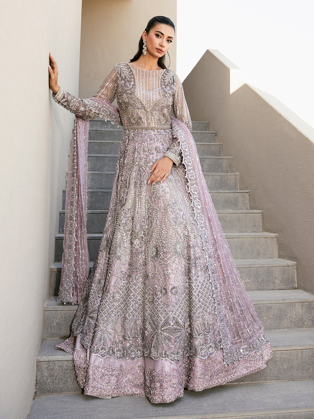 Pakistani Lilac Silver Embroidered Net Pishwas Dress (3-Piece) - Image 8
