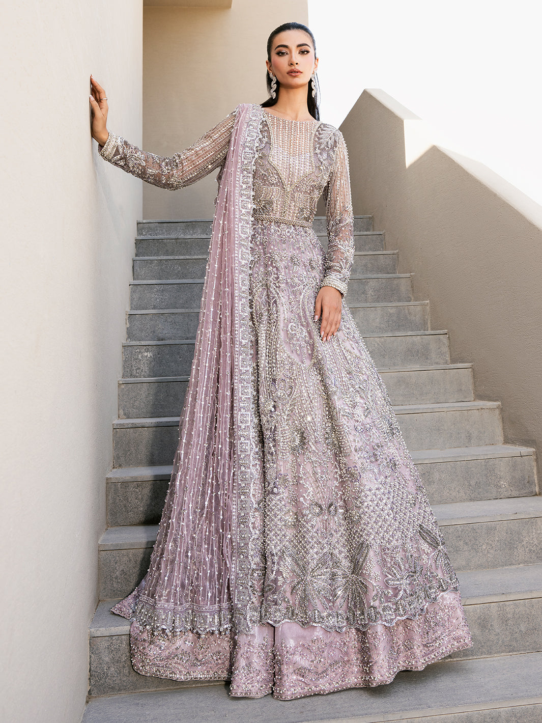 Pakistani Lilac Silver Embroidered Net Pishwas Dress (3-Piece) - Image 9