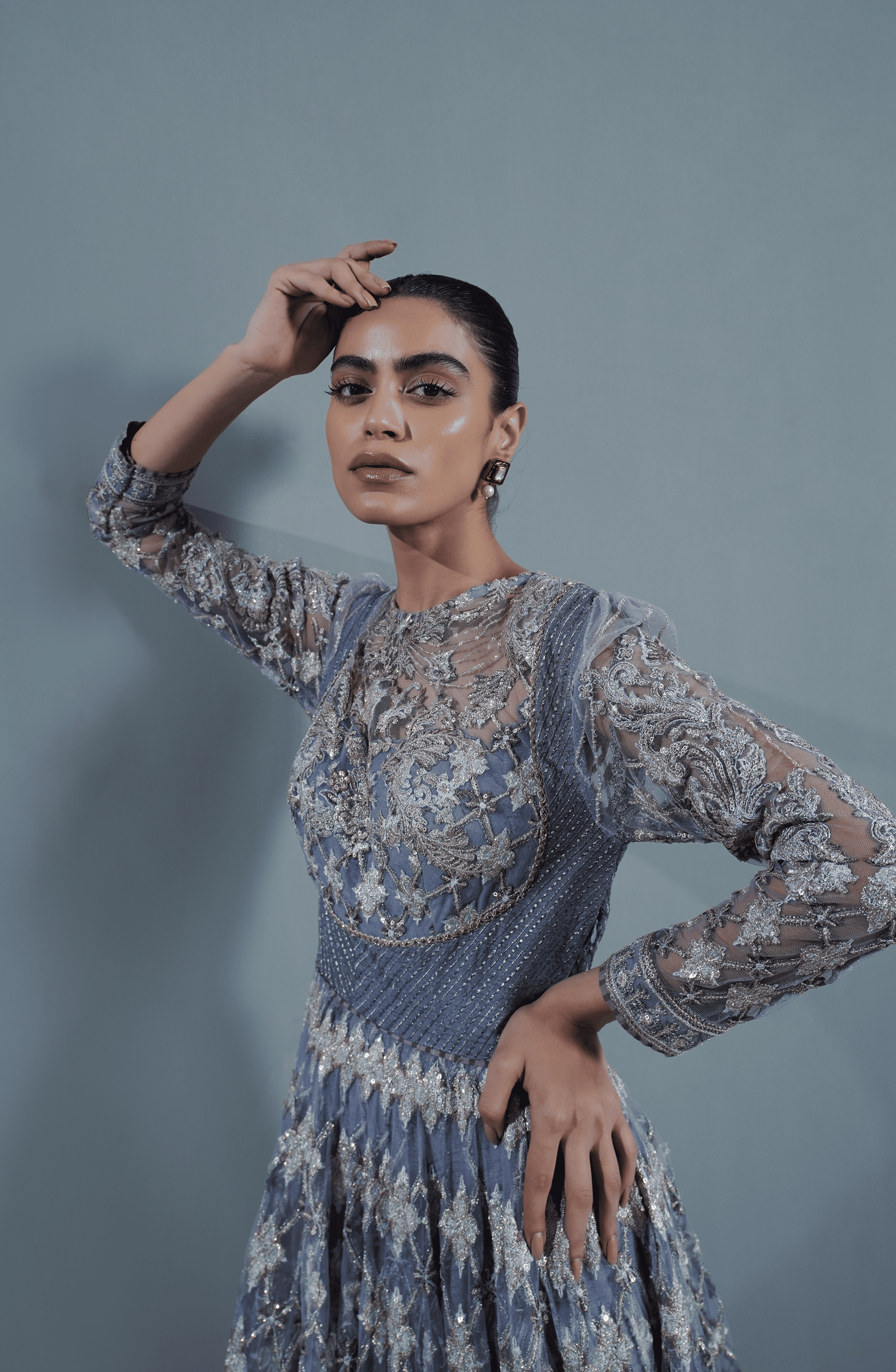 Faded Purple Embroidered Net Pishwas Dress (3-Piece) - Image 3