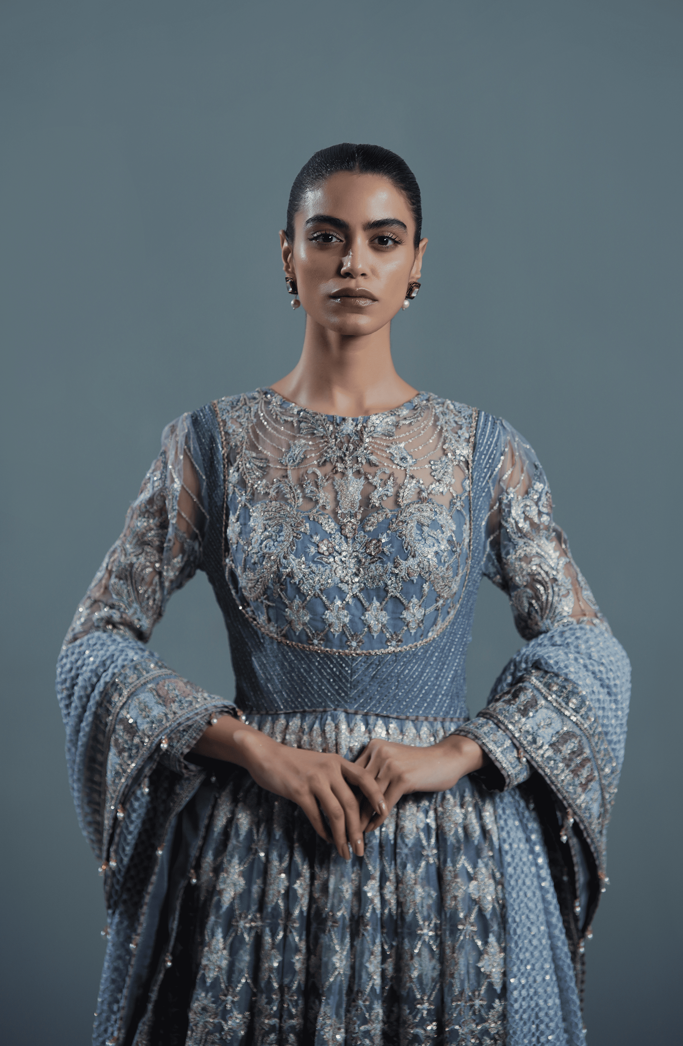 Faded Purple Embroidered Net Pishwas Dress (3-Piece) - Image 5