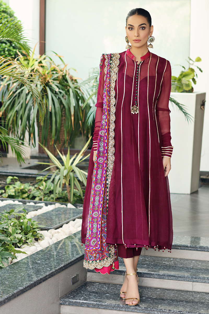 Pakistani Plum Embroidered Organza Pishwas Dress (3-Piece) - Image 1
