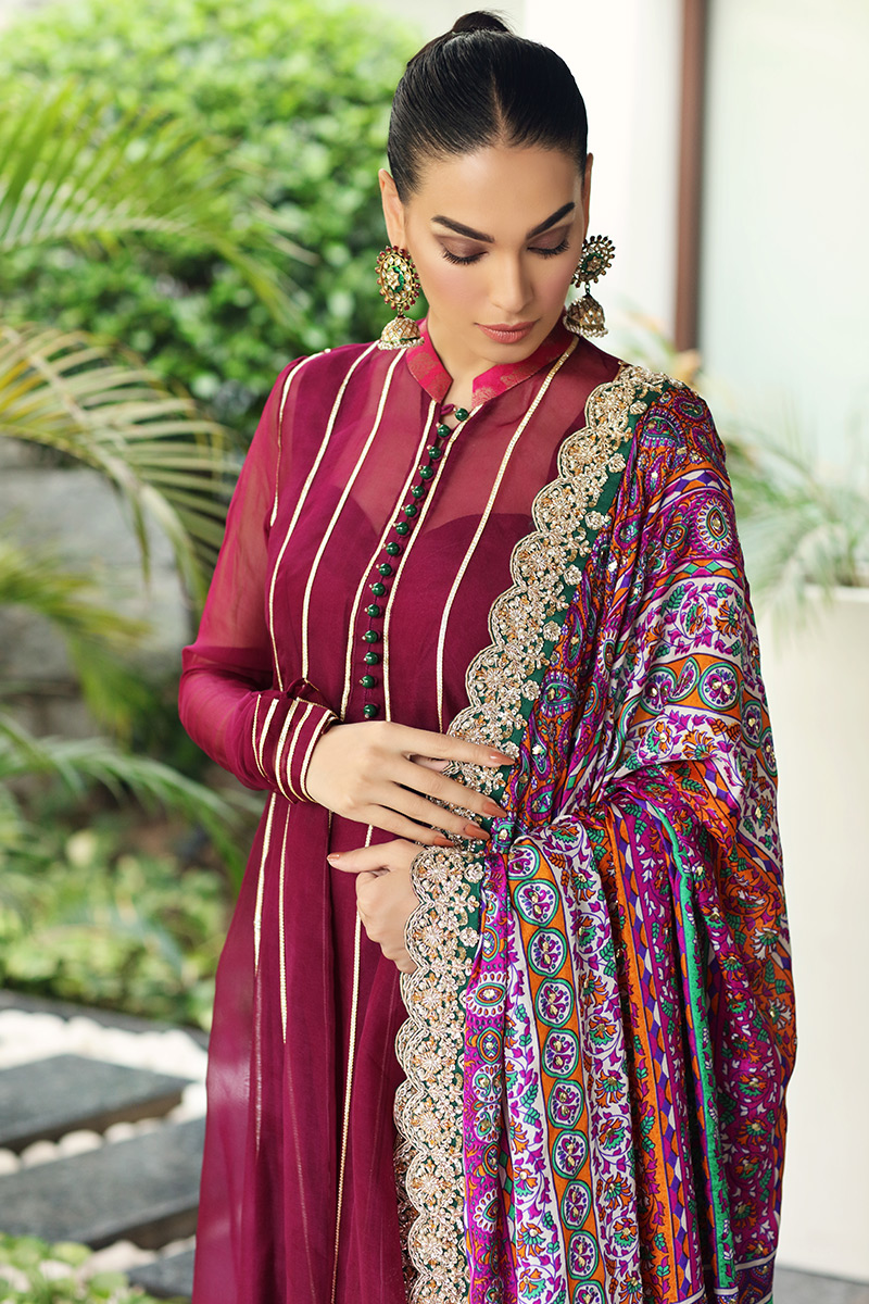 Pakistani Plum Embroidered Organza Pishwas Dress (3-Piece) - Image 2