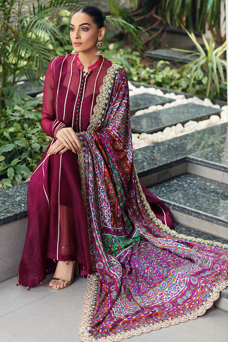 Pakistani Plum Embroidered Organza Pishwas Dress (3-Piece) - Image 3