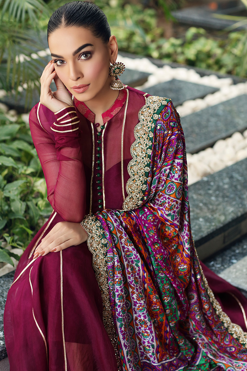 Pakistani Plum Embroidered Organza Pishwas Dress (3-Piece) - Image 4