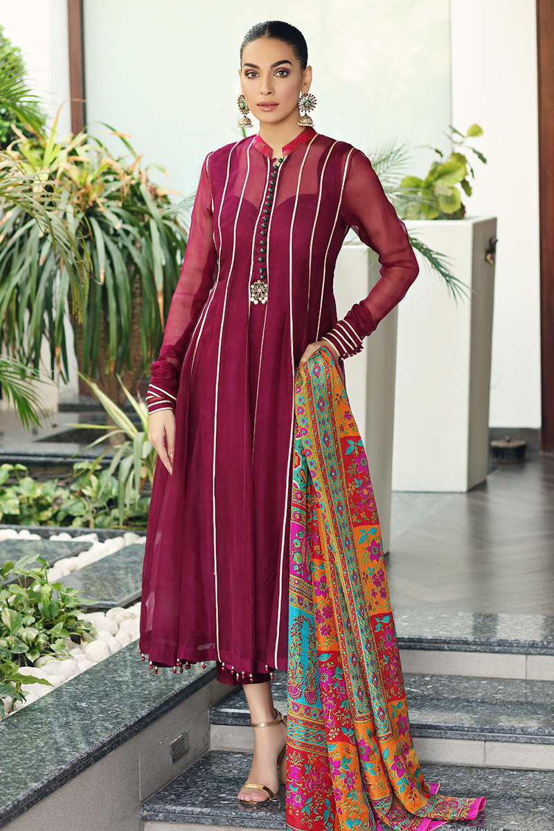 Pakistani Plum Embroidered Organza Pishwas Dress (3-Piece) - Image 5