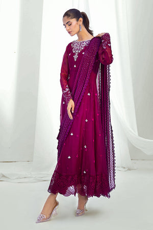 Pakistani Plum Embroidered Organza Kalidaar Pishwas (3-Piece) - Image 3
