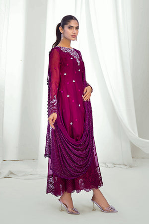 Pakistani Plum Embroidered Organza Kalidaar Pishwas (3-Piece) - Image 4