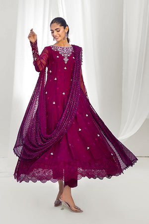 Pakistani Plum Embroidered Organza Kalidaar Pishwas (3-Piece) - Image 5