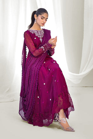 Pakistani Plum Embroidered Organza Kalidaar Pishwas (3-Piece) - Image 6