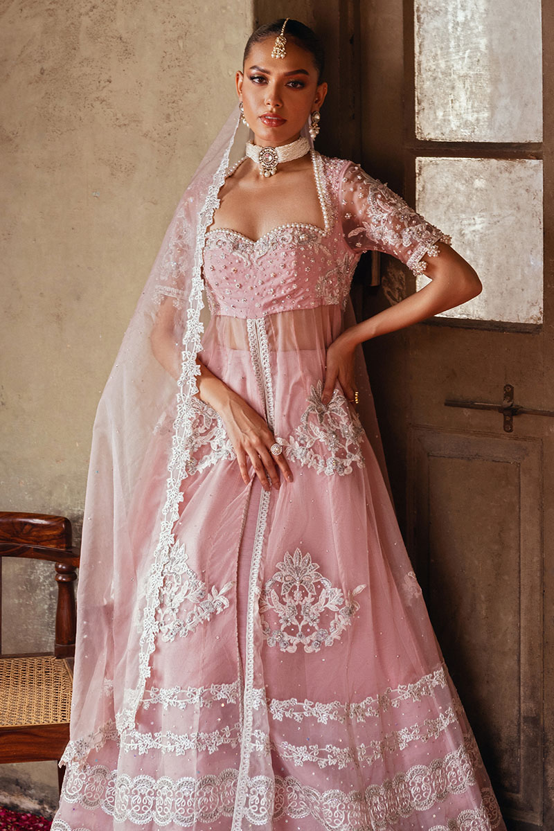 Pakistani Lilac Embellished Organza Pishwas Dress (3-Piece) - Image 3