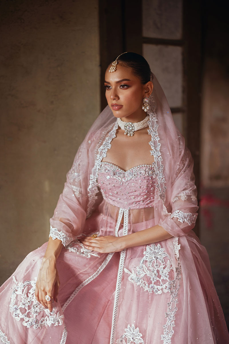 Pakistani Lilac Embellished Organza Pishwas Dress (3-Piece) - Image 5