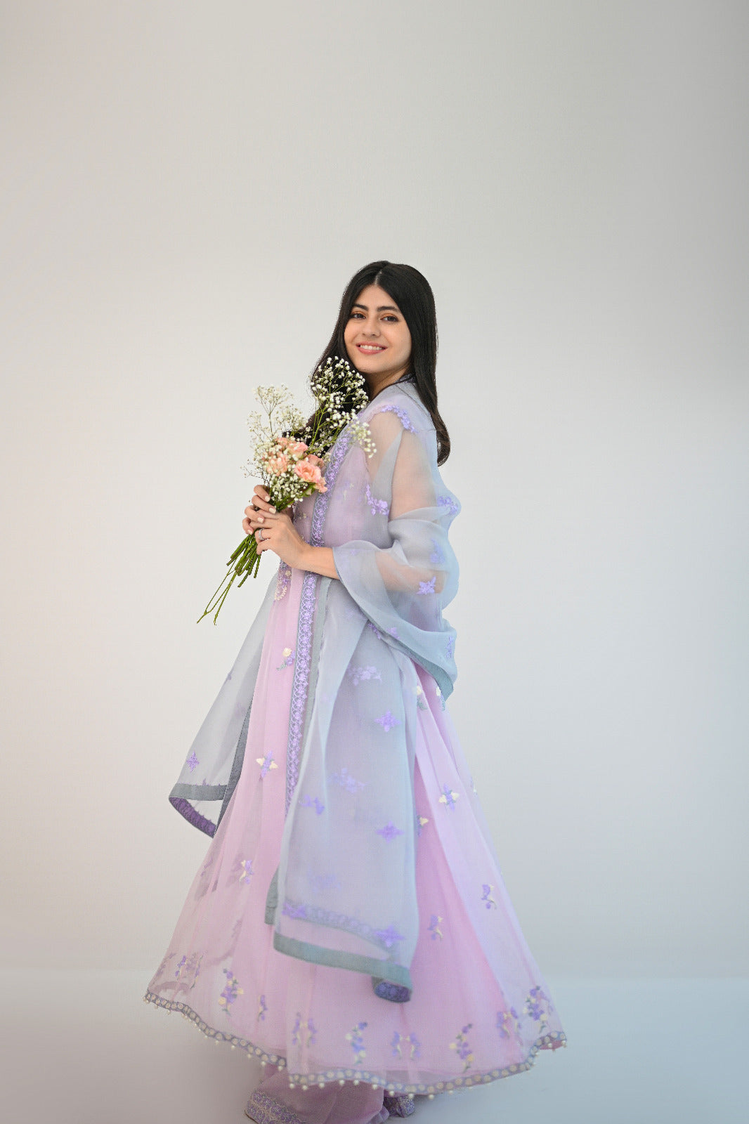 Pakistani Lilac Embroidered Organza Pishwas Dress (3-Piece) - Image 3