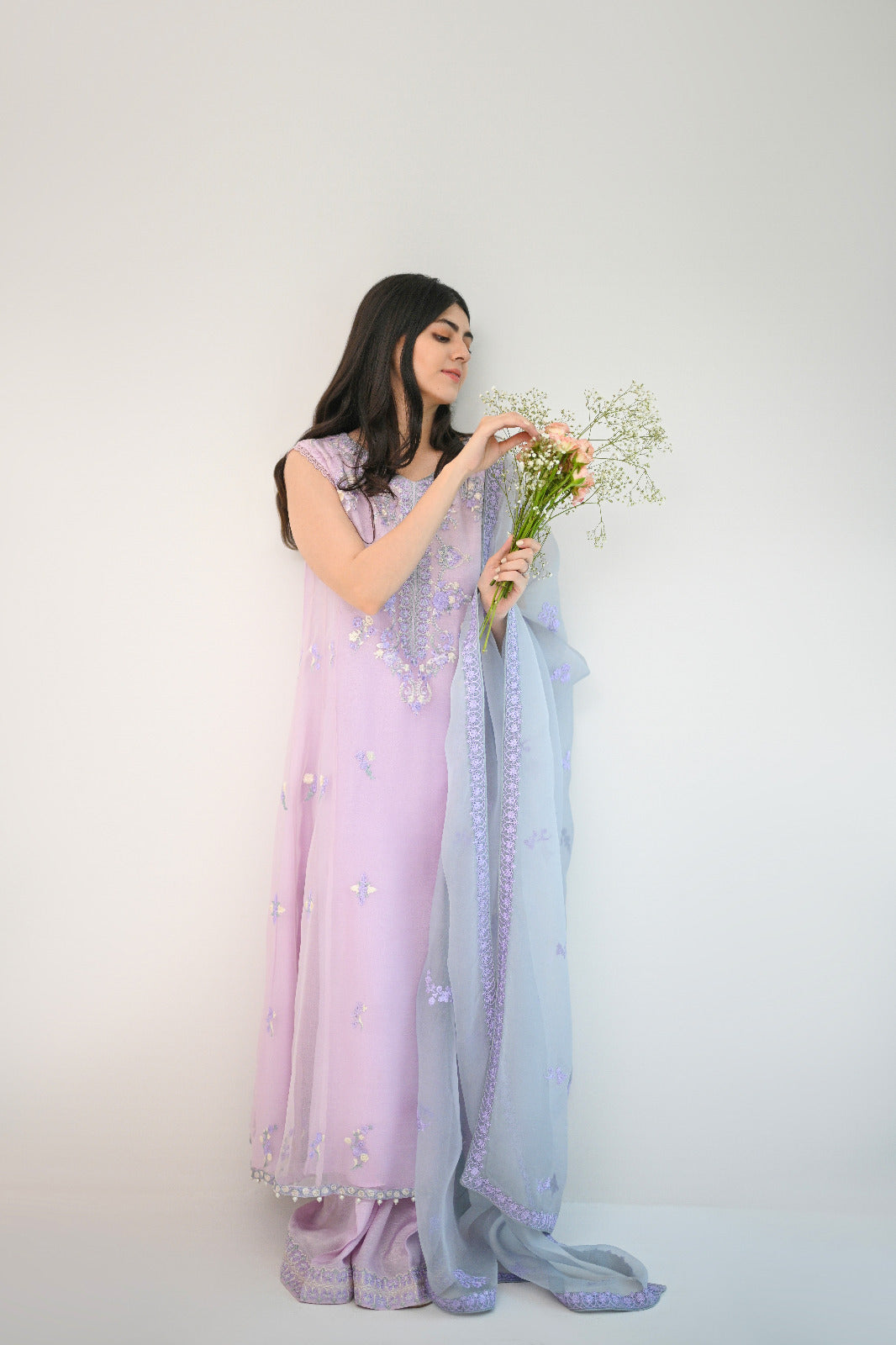 Pakistani Lilac Embroidered Organza Pishwas Dress (3-Piece) - Image 4