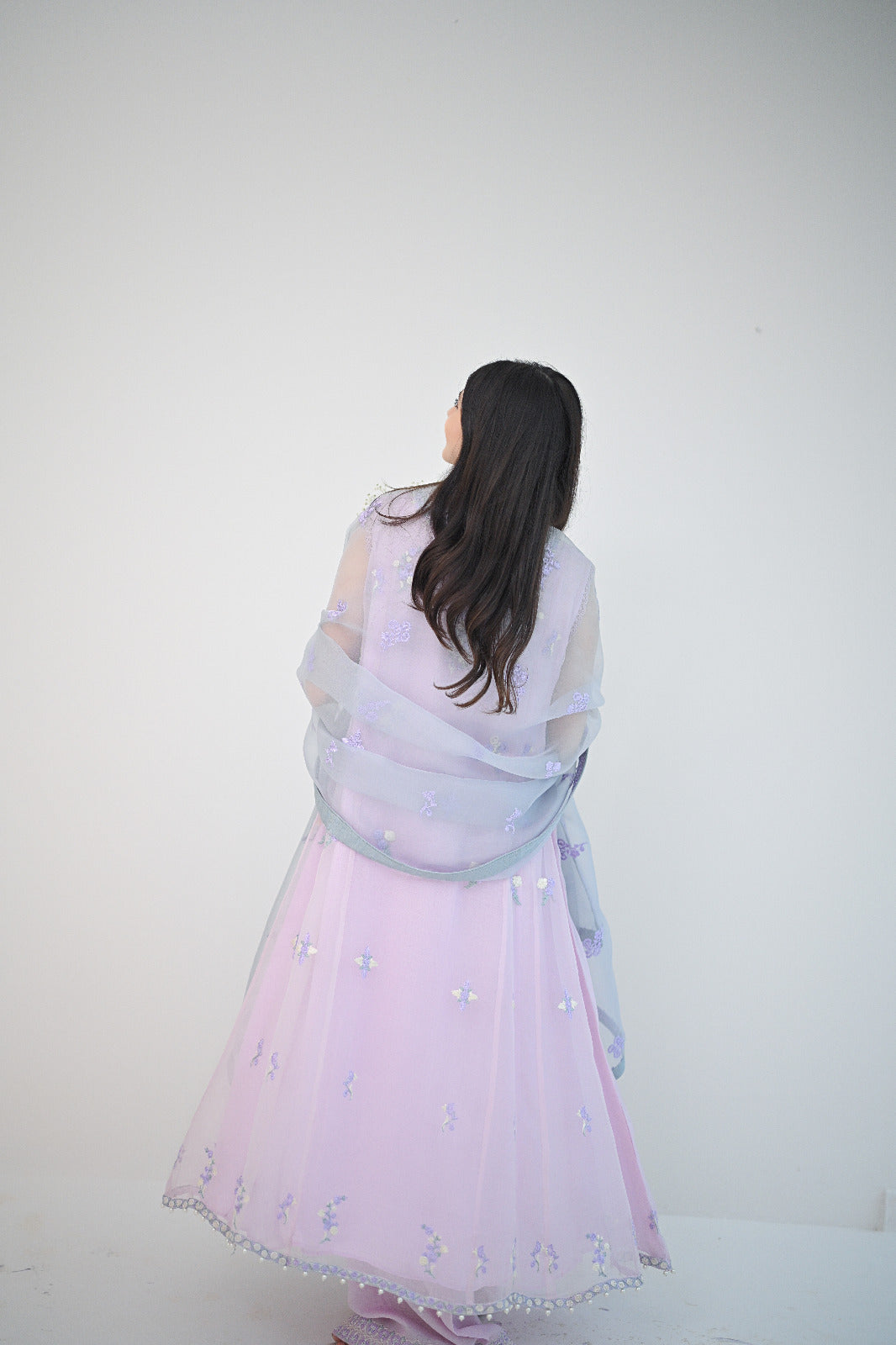 Pakistani Lilac Embroidered Organza Pishwas Dress (3-Piece) - Image 5