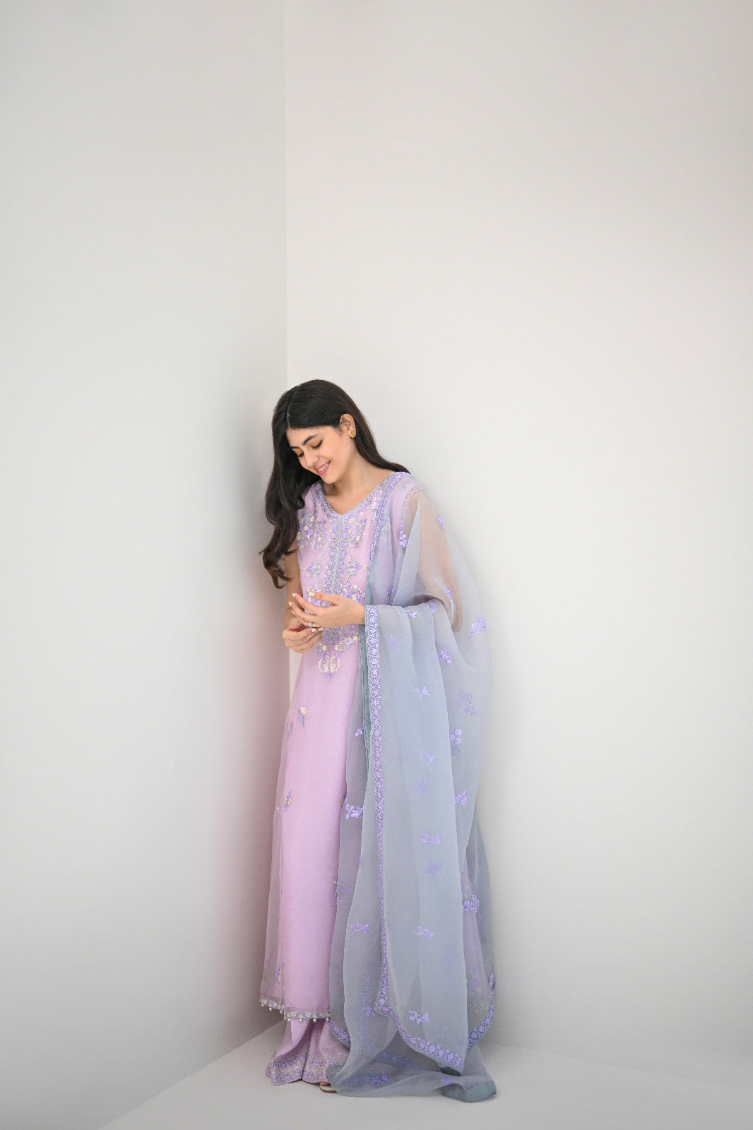 Pakistani Lilac Embroidered Organza Pishwas Dress (3-Piece) - Image 6