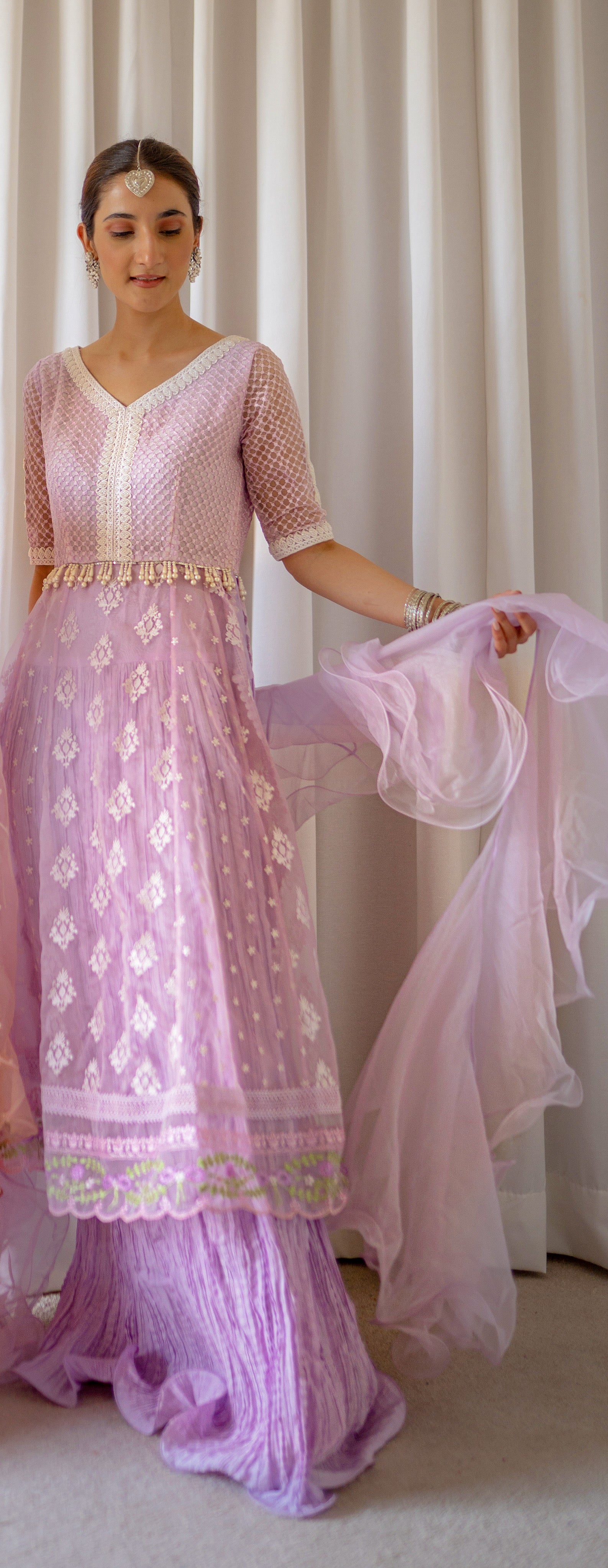 Lilac Embroidered Organza Pishwas Dress (3-Piece) - Image 2