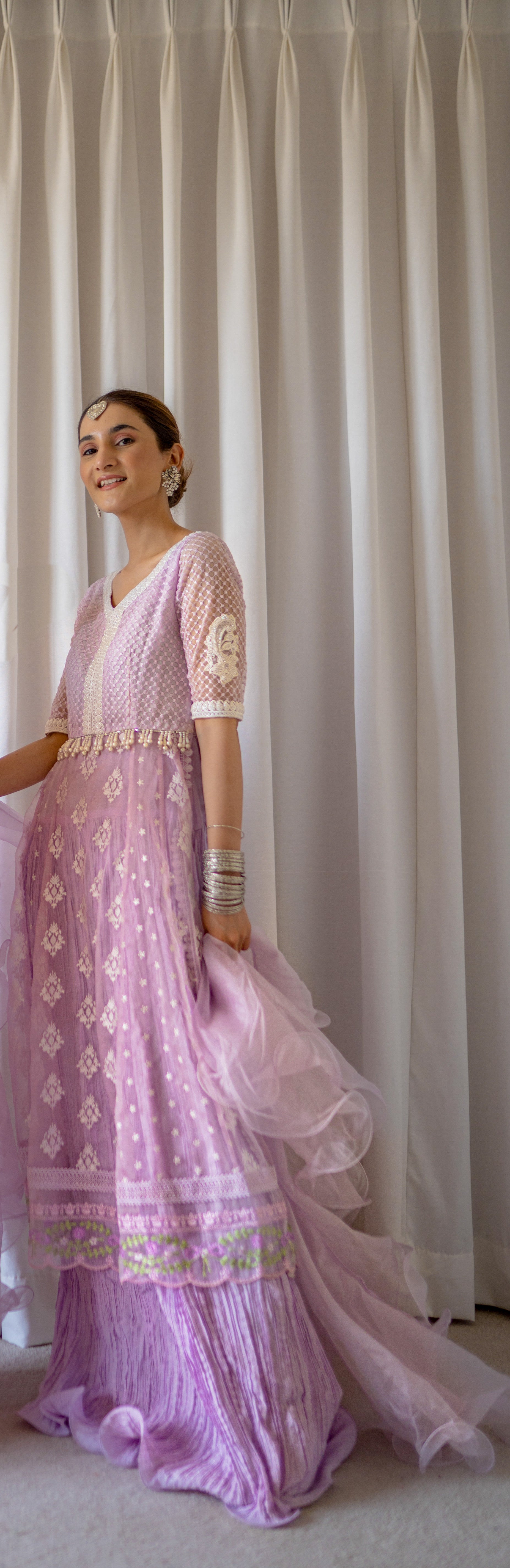 Lilac Embroidered Organza Pishwas Dress (3-Piece) - Image 3