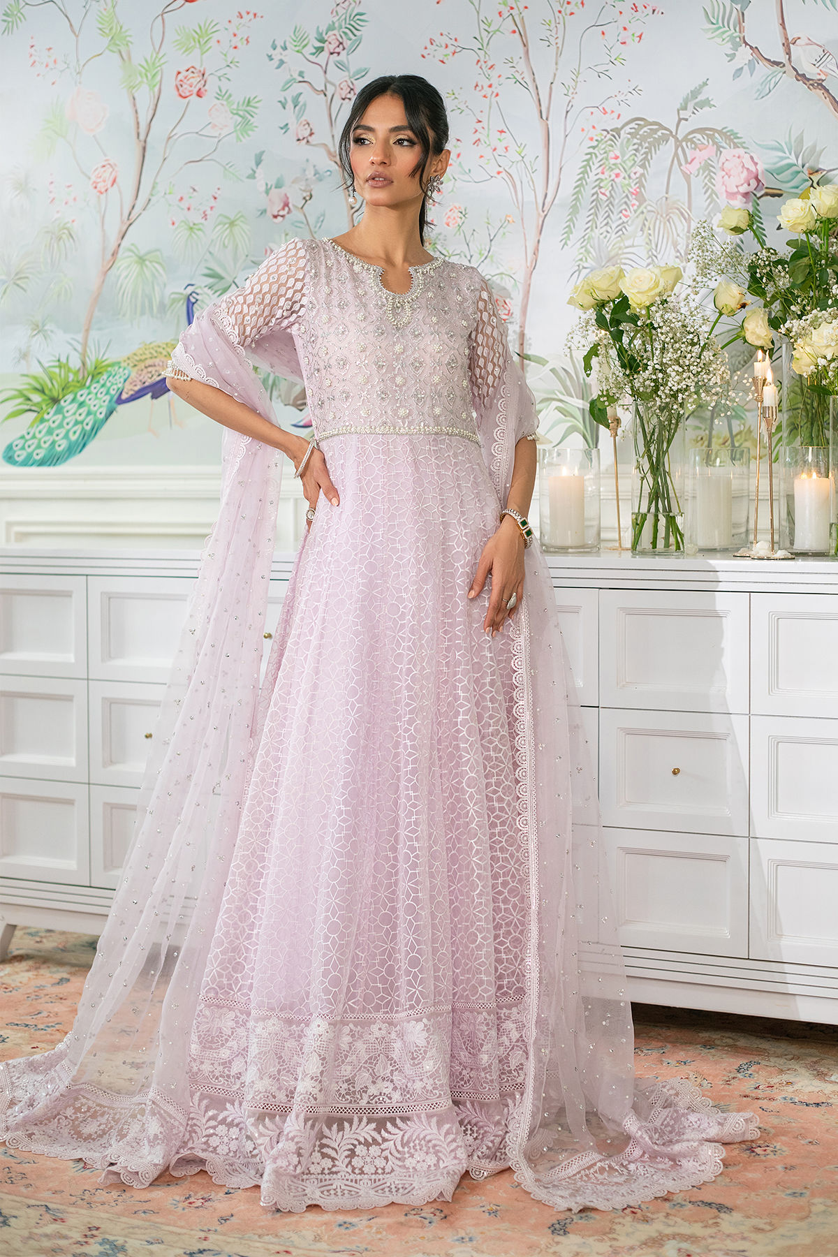 Pakistani Lilac Zardozi Organza Floor-Length Pishwas (3-Piece) - Image 1