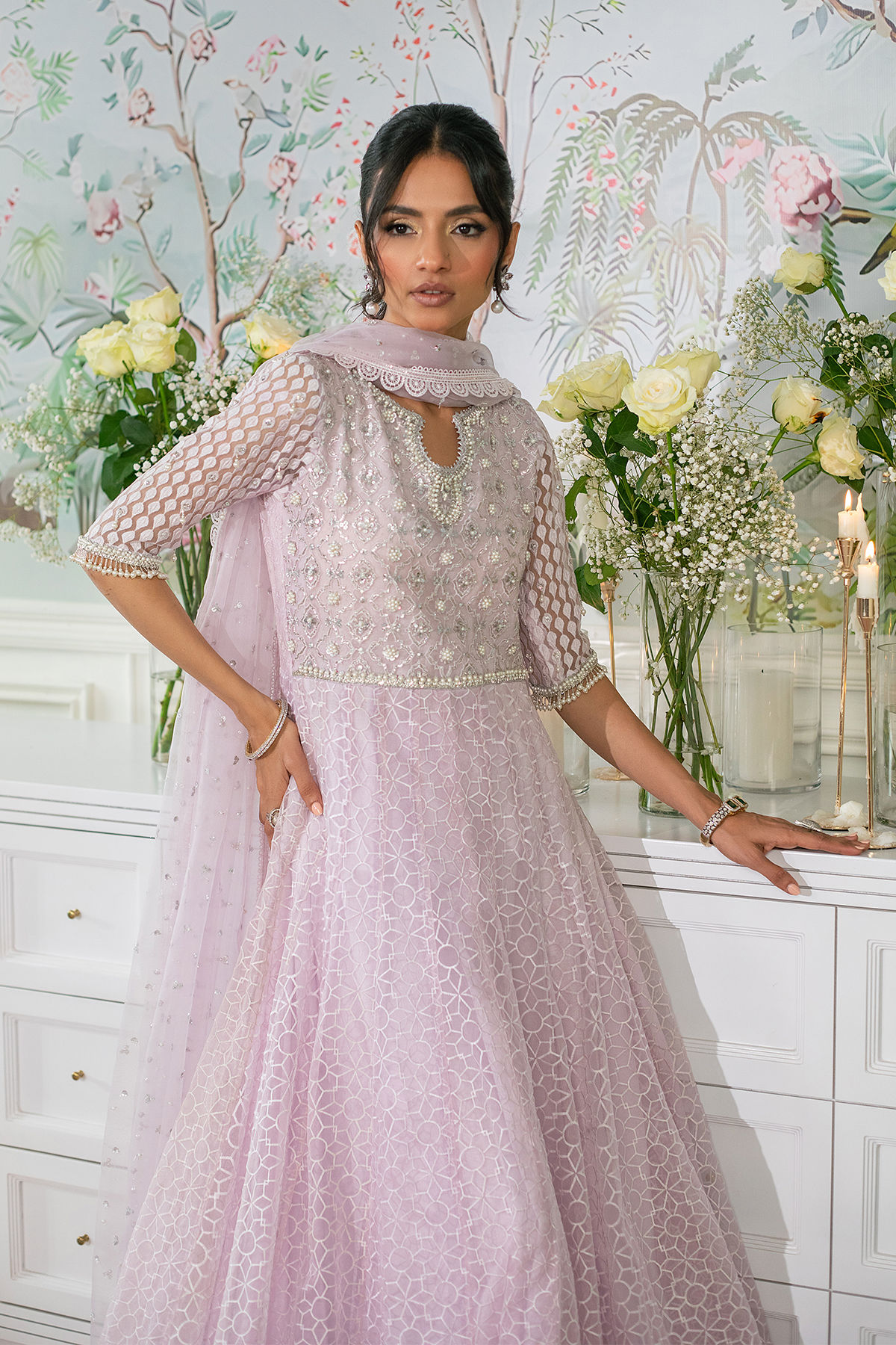 Pakistani Lilac Zardozi Organza Floor-Length Pishwas (3-Piece) - Image 2