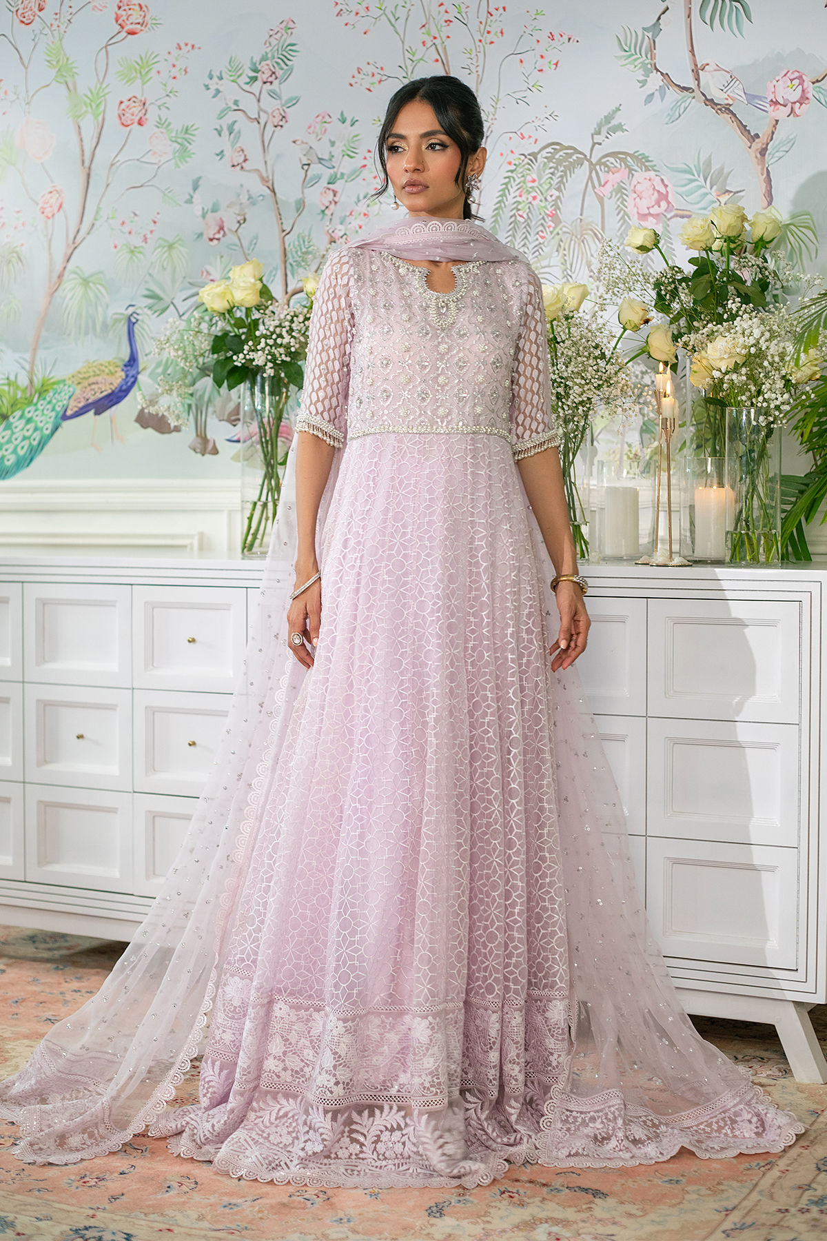 Pakistani Lilac Zardozi Organza Floor-Length Pishwas (3-Piece) - Image 3