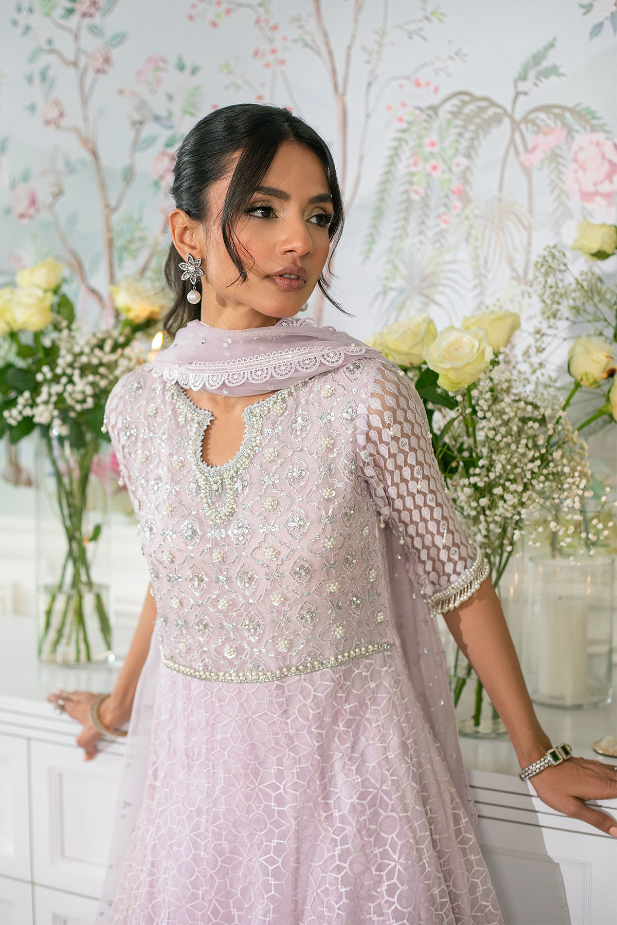 Pakistani Lilac Zardozi Organza Floor-Length Pishwas (3-Piece) - Image 4