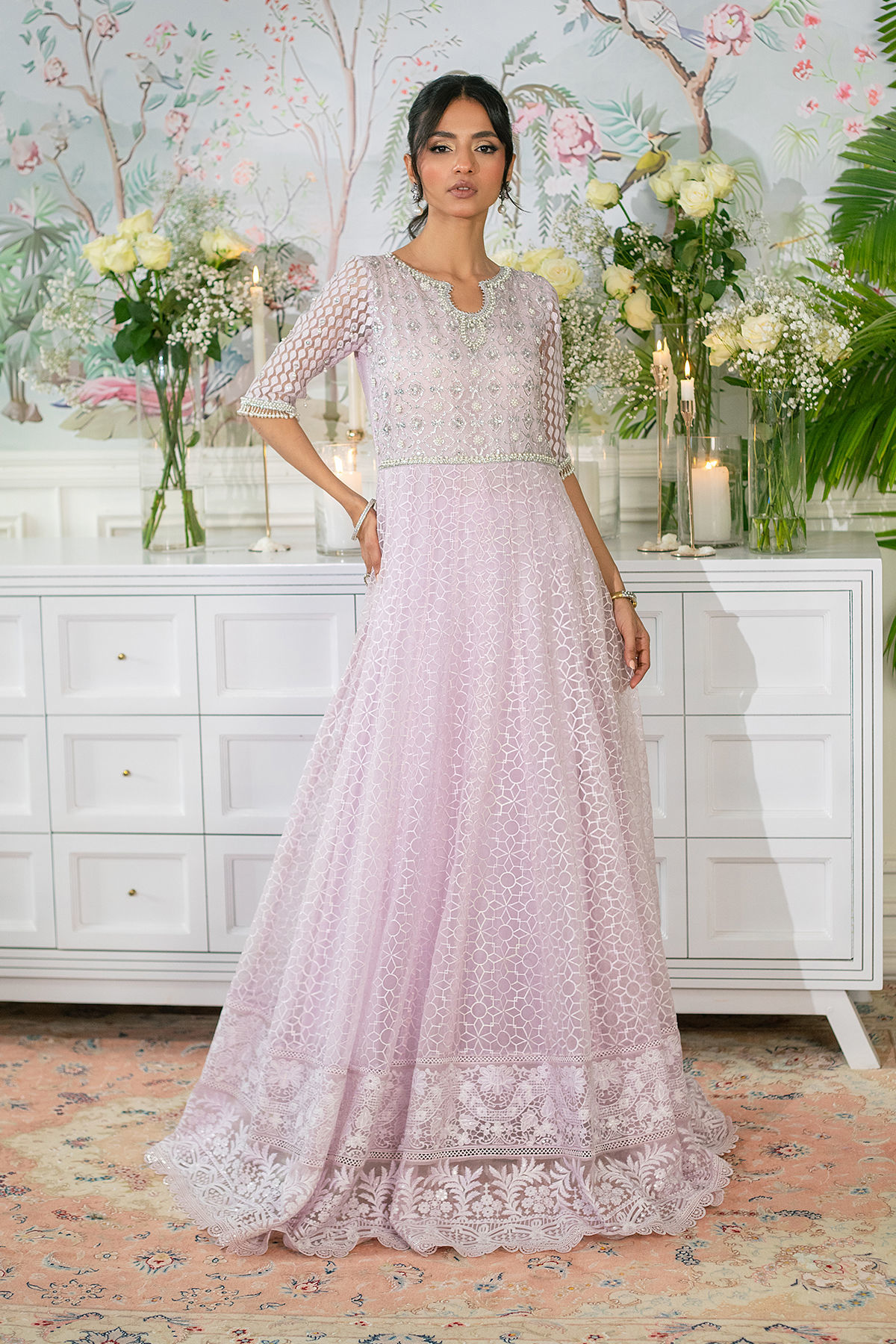 Pakistani Lilac Zardozi Organza Floor-Length Pishwas (3-Piece) - Image 8