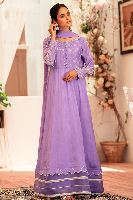 Pakistani Lavender Hand-Embroidered PK Raw Silk Pishwas (3-Piece) - Image 2