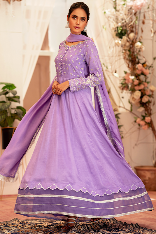 Pakistani Lavender Hand-Embroidered PK Raw Silk Pishwas (3-Piece) - Image 3