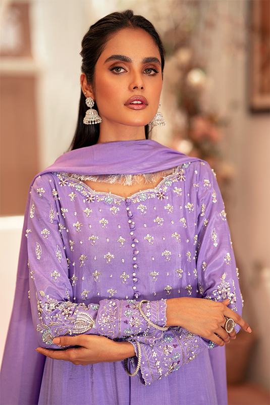 Pakistani Lavender Hand-Embroidered PK Raw Silk Pishwas (3-Piece) - Image 4