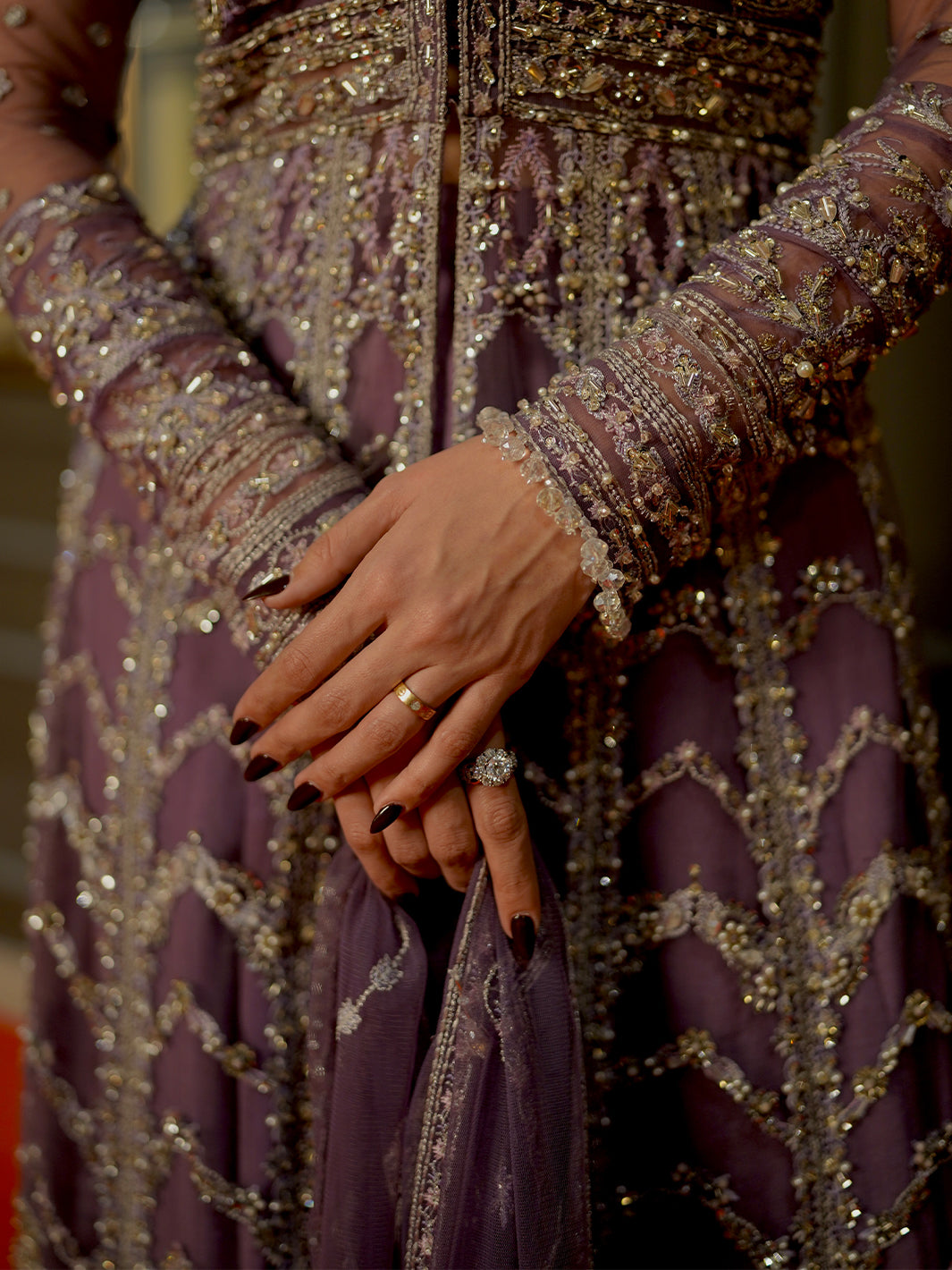 Pakistani Lavender Embroidered Net & Raw Silk Pishwas (3-Piece) - Image 2