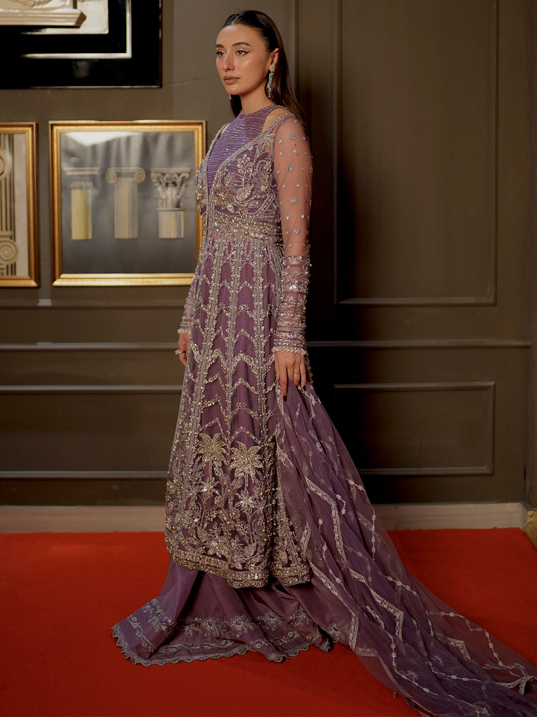 Pakistani Lavender Embroidered Net & Raw Silk Pishwas (3-Piece) - Image 4