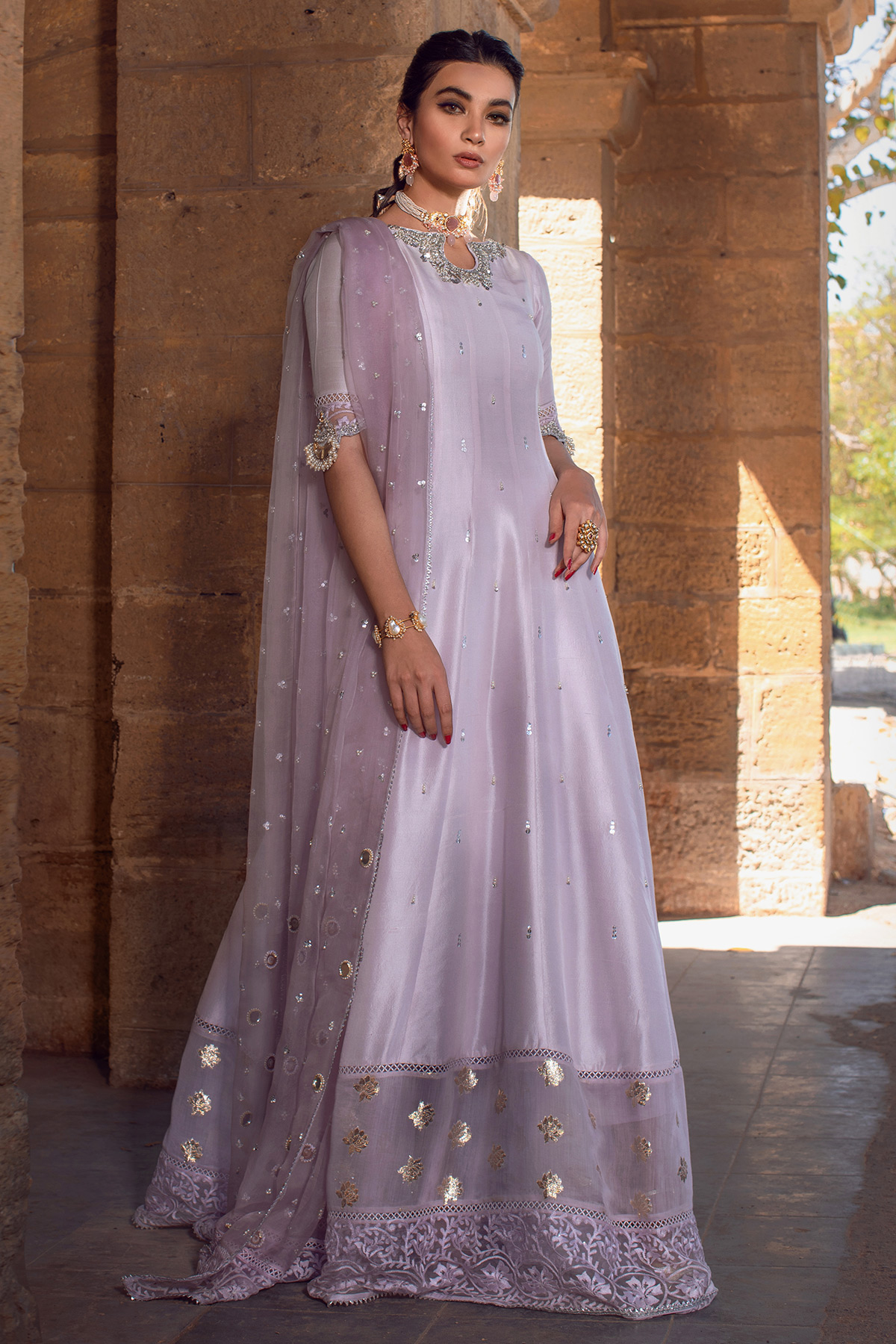 Pakistani Lilac Embellished Raw Silk Kalidar Pishwas (3-Piece) - Image 1