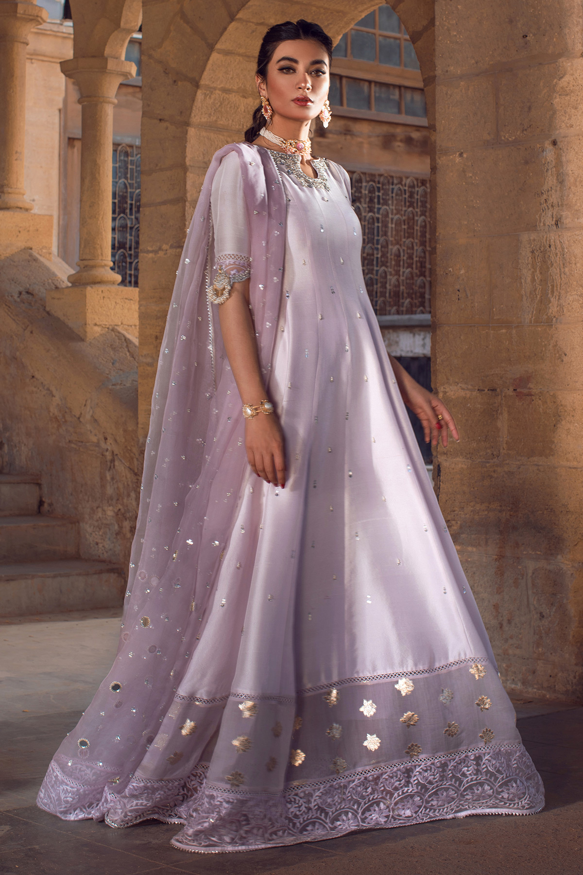 Pakistani Lilac Embellished Raw Silk Kalidar Pishwas (3-Piece) - Image 2