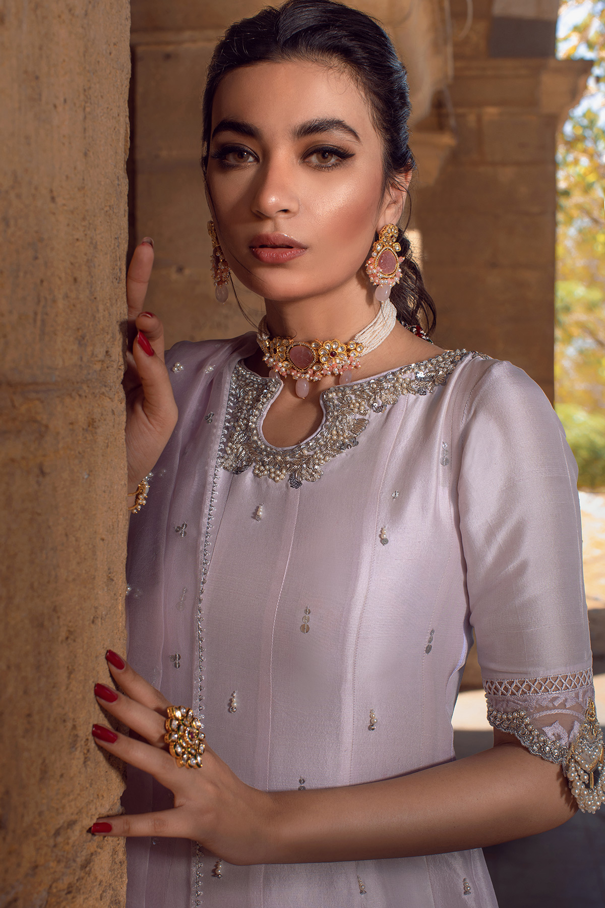 Pakistani Lilac Embellished Raw Silk Kalidar Pishwas (3-Piece) - Image 3