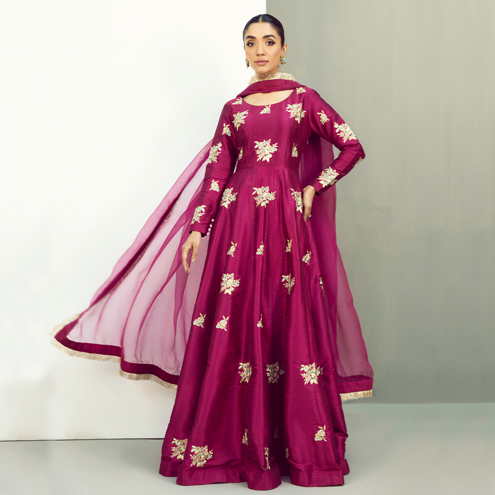 Berry Purple Embroidered Raw Silk Pishwas (3-Piece) - Image 1