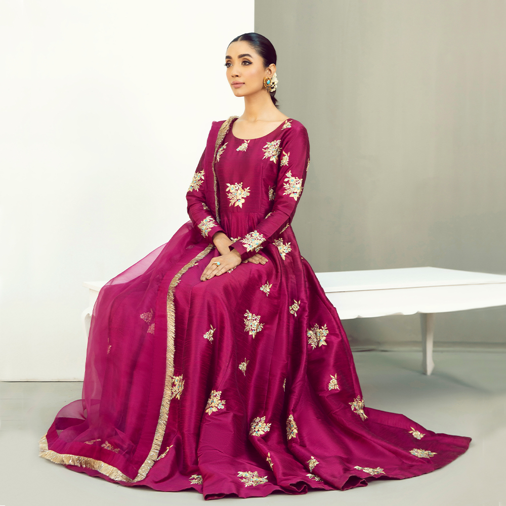 Berry Purple Embroidered Raw Silk Pishwas (3-Piece) - Image 2