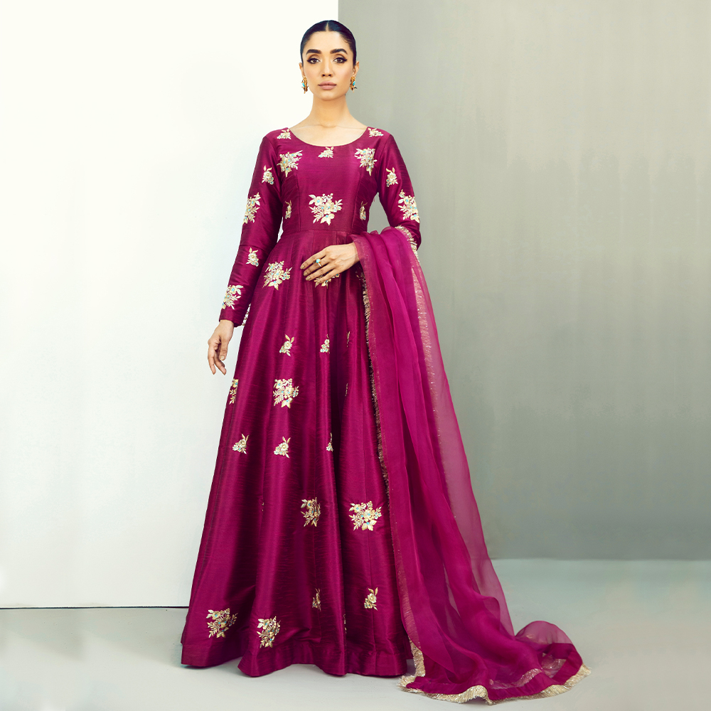 Berry Purple Embroidered Raw Silk Pishwas (3-Piece) - Image 3