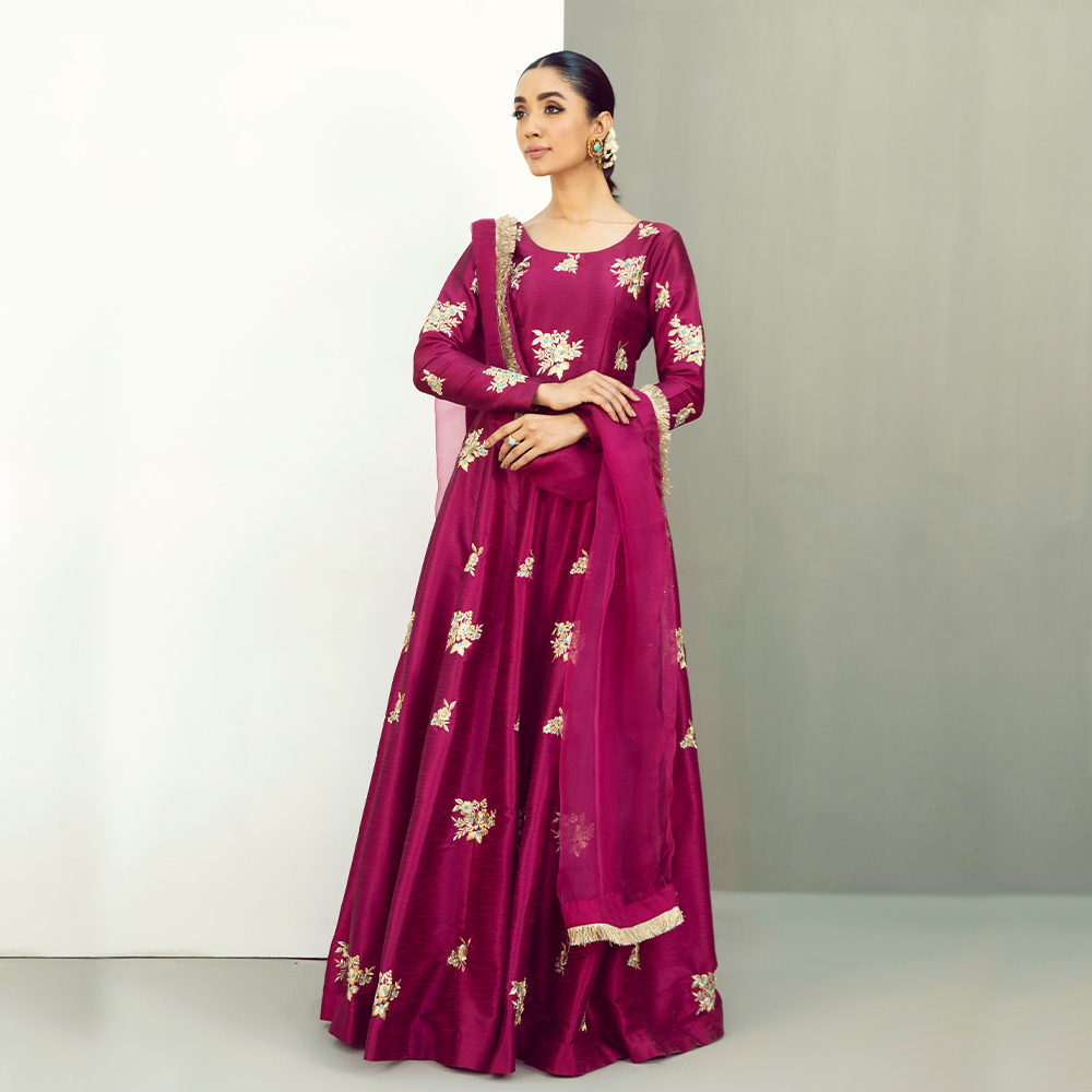 Berry Purple Embroidered Raw Silk Pishwas (3-Piece) - Image 5