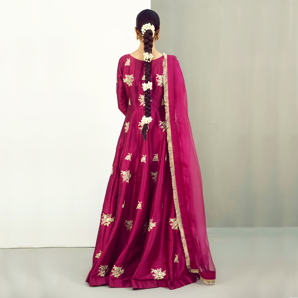 Berry Purple Embroidered Raw Silk Pishwas (3-Piece) - Image 7