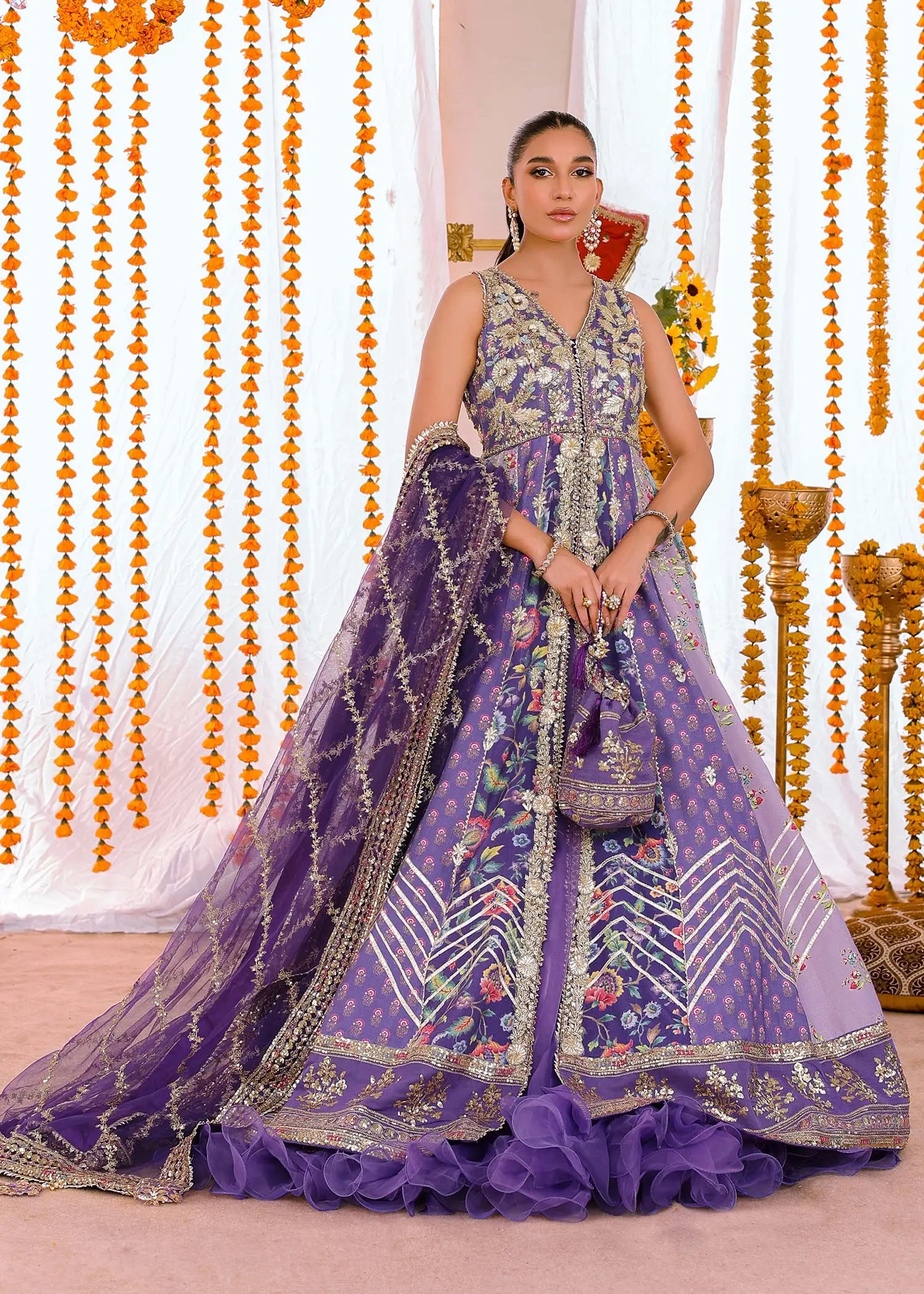 Purple Embroidered PK Raw Silk Pishwas (3-Piece) - Image 1