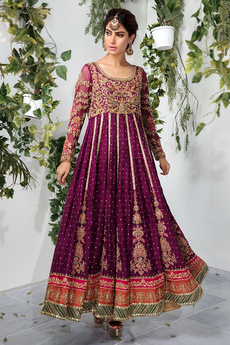 Purple Embroidered Net Silk-Blend Pishwas (2-Piece) - Image 1