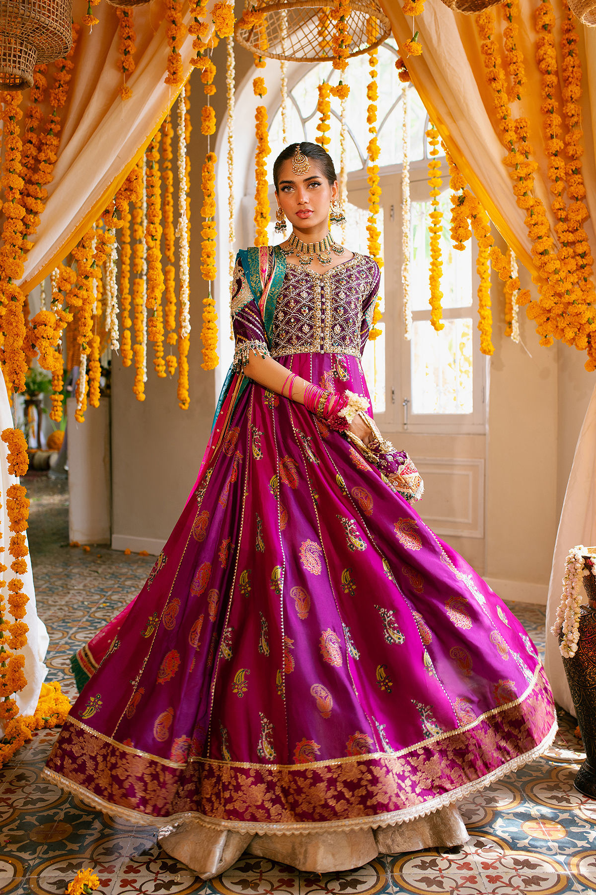 Deep Plum Zardozi Silk Pishwas Dress (2-Piece) - Image 1