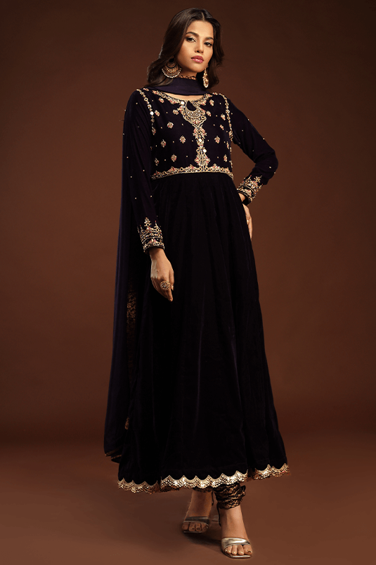 Pakistani Purple Embellished Velvet Pishwas Dress (3-Piece) - Image 3