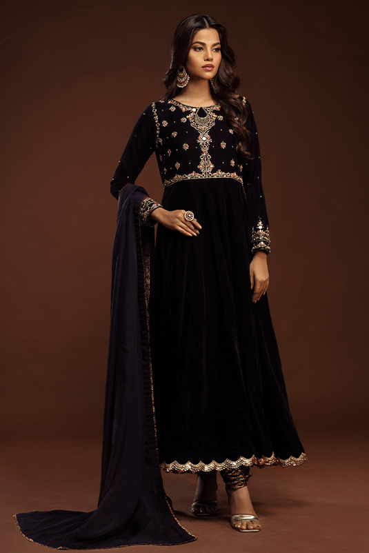 Purple Embellished Velvet Pishwas Dress (3-Piece) - Image 2
