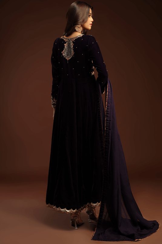 Pakistani Purple Embellished Velvet Pishwas Dress (3-Piece) - Image 4