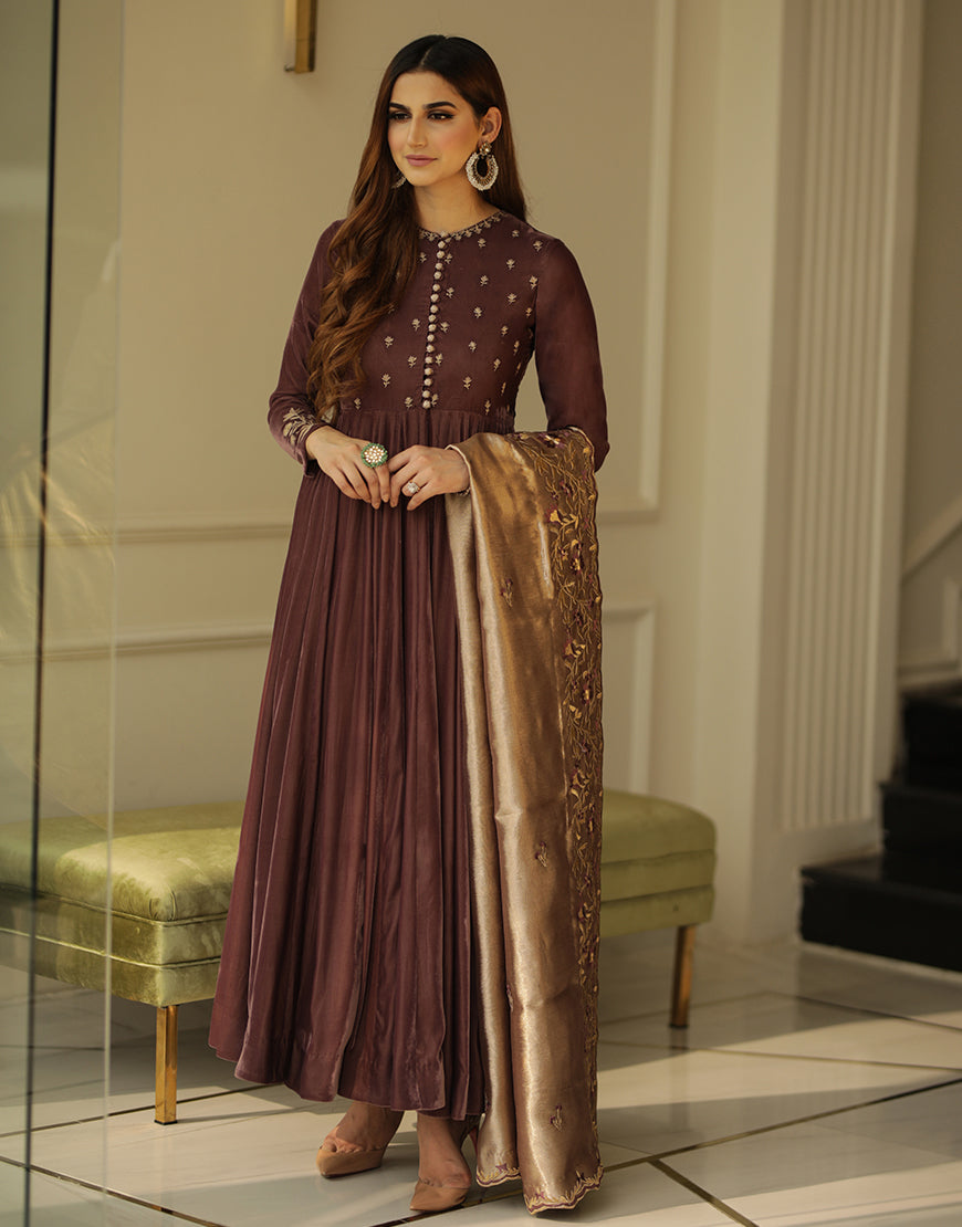 Grape Embroidered Velvet Pishwas Dress (3-Piece) - Image 1