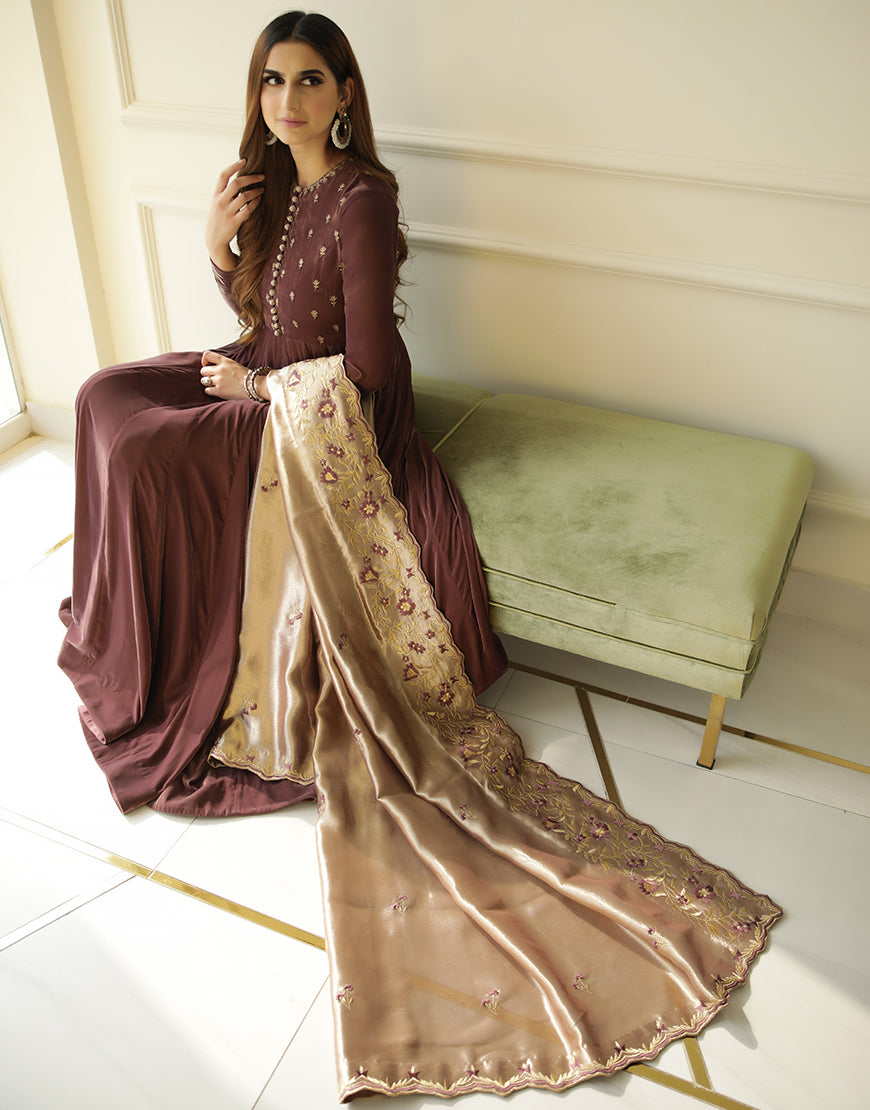 Grape Embroidered Velvet Pishwas Dress (3-Piece) - Image 3